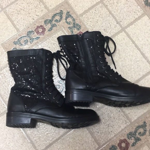 black sequin combat boots